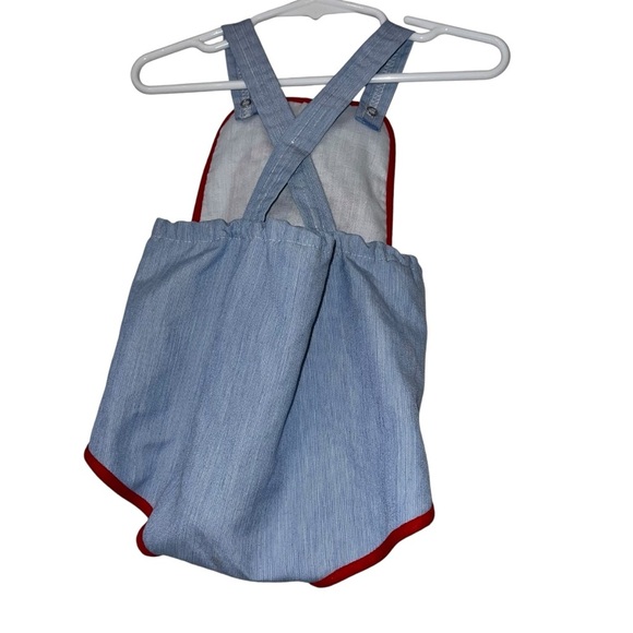 Vintage Blue Baby Romper with Train Design red trim * no size, read measurements - Picture 2 of 2